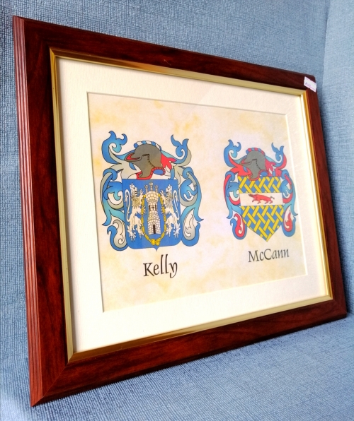 framed large double family coat of arms - side angle